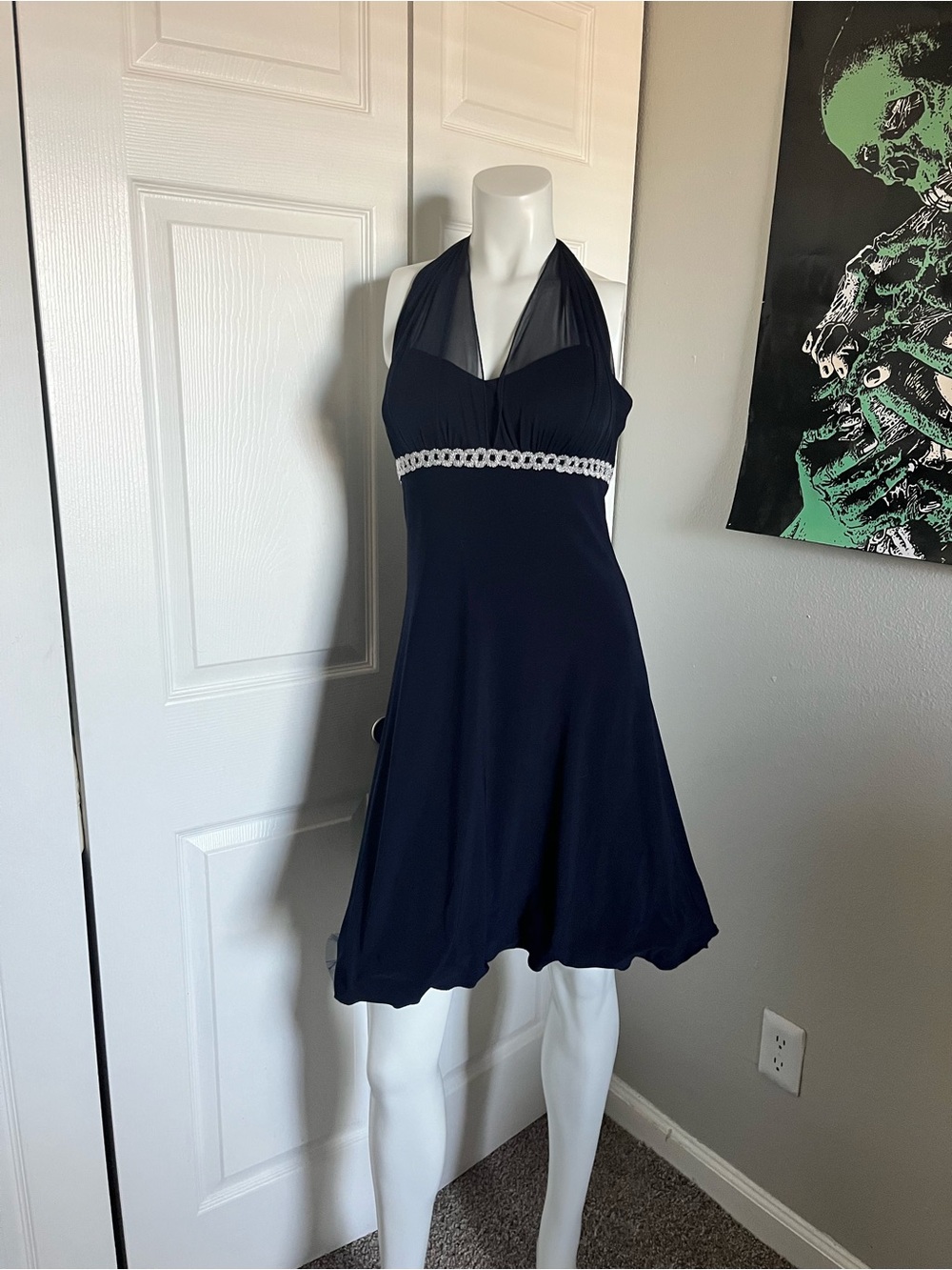 Teeze Me Navy Strapless Halter Dress with Beaded Waistband